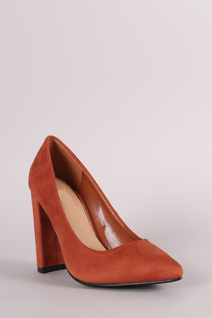 Suede Pointy Toe Chunky Heel Pump