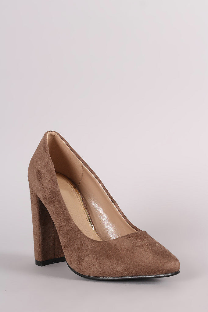 Suede Pointy Toe Chunky Heel Pump