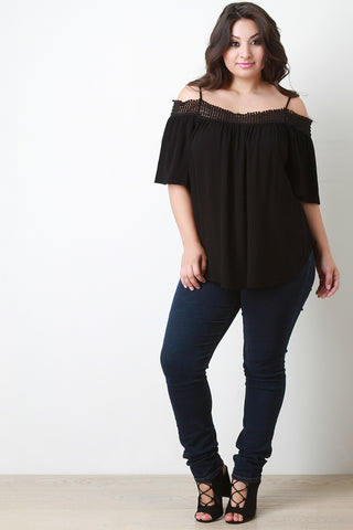 Crochet Trim Cold Shoulder Flowy Top