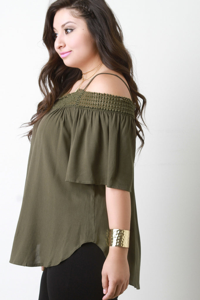 Crochet Trim Cold Shoulder Flowy Top