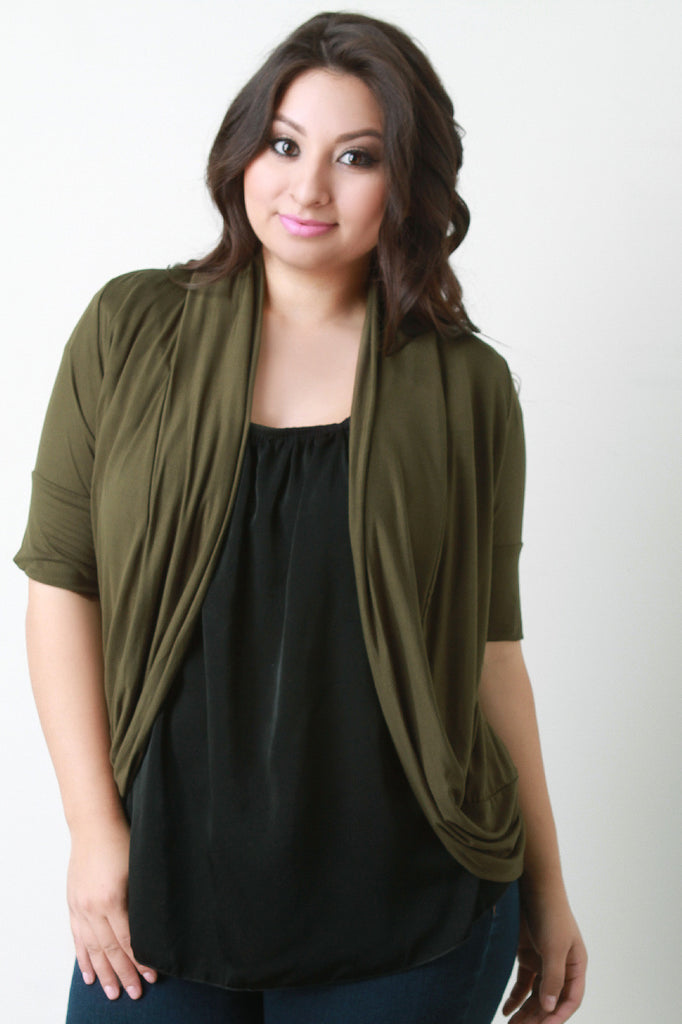 Solid Jersey Knit Elbow Sleeves Open Front Cardigan