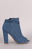 Bamboo Denim Slouchy Peep Toe Chunky Heeled Ankle Boots