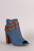 Bamboo Denim Buckled Strap Chunky Heeled Booties