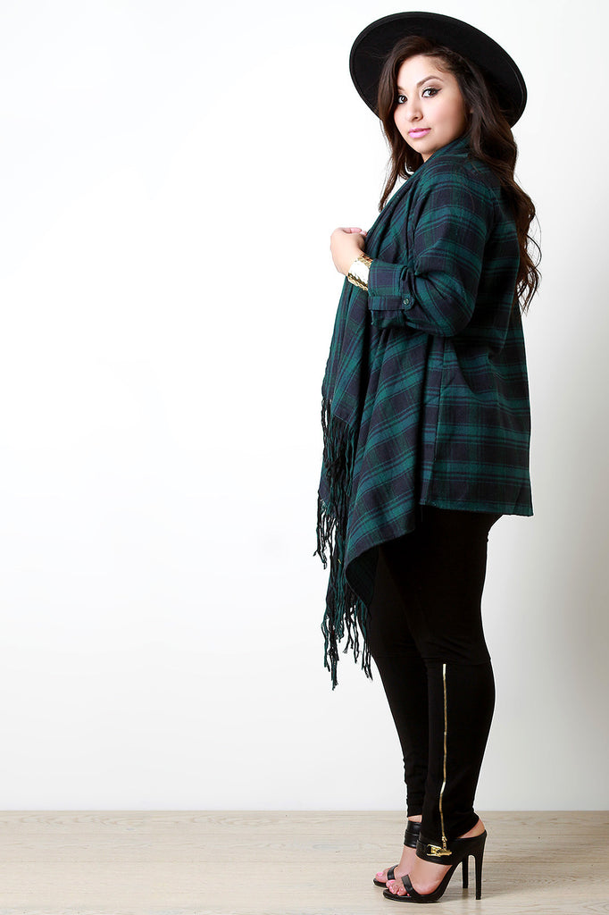 Plaid Fringe Hem Draped Boxy Cardigan