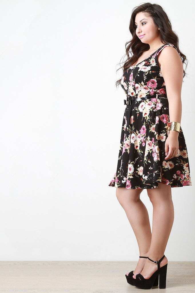 Sleeveless Floral Print Belted Skater Dress