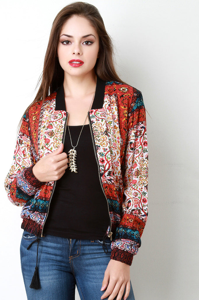 Paisley Boho Tassel Tie Bomber Jacket