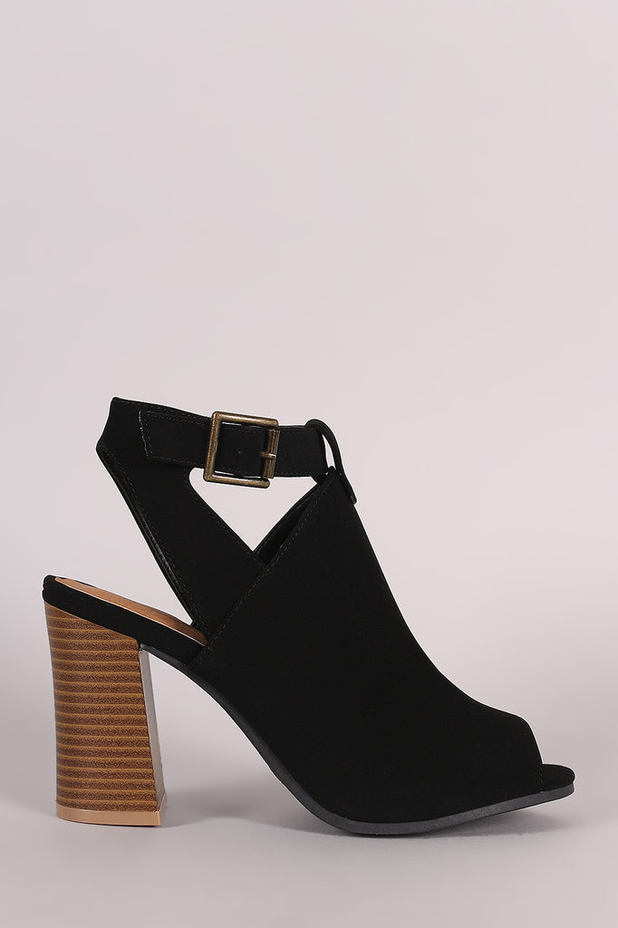 Qupid Nubuck Buckled Peep Toe Chunky Heeled Mule Booties