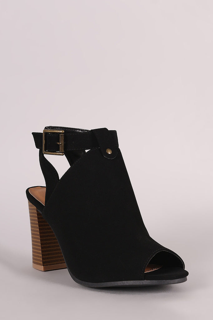 Qupid Nubuck Buckled Peep Toe Chunky Heeled Mule Booties