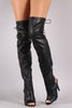 Qupid Leather Peep Toe Over the Knee Boots