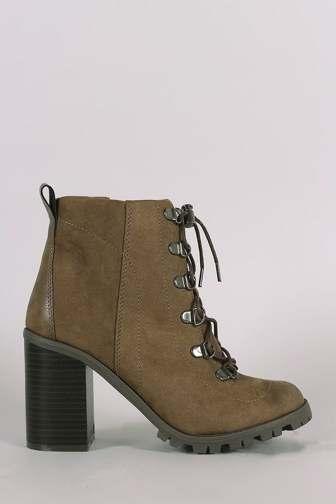 Qupid Lace Up Lug Sole Chunky Heeled Booties