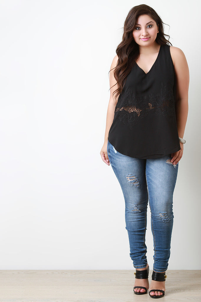 Embroidery Cut Out V Neck Tank Top