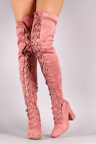 Suede Over The Knee Corset Lace Up Chunky Heel Boots