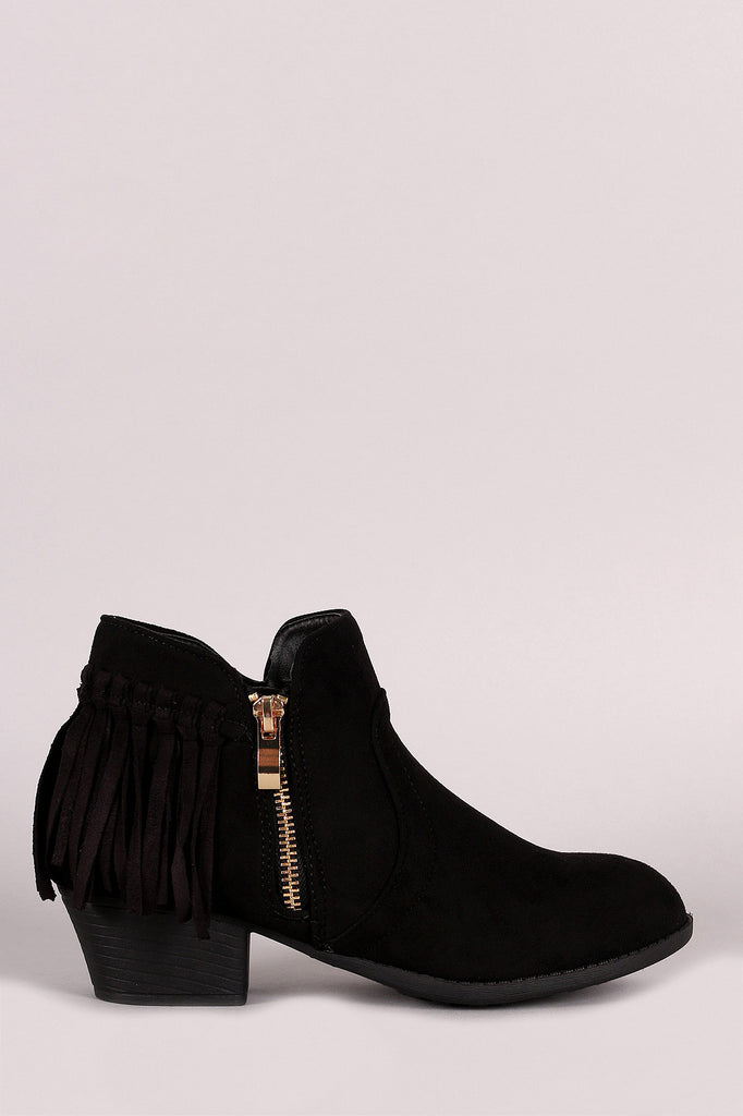 Suede Back Fringe Block Heel Booties