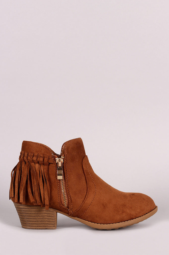 Suede Back Fringe Block Heel Booties