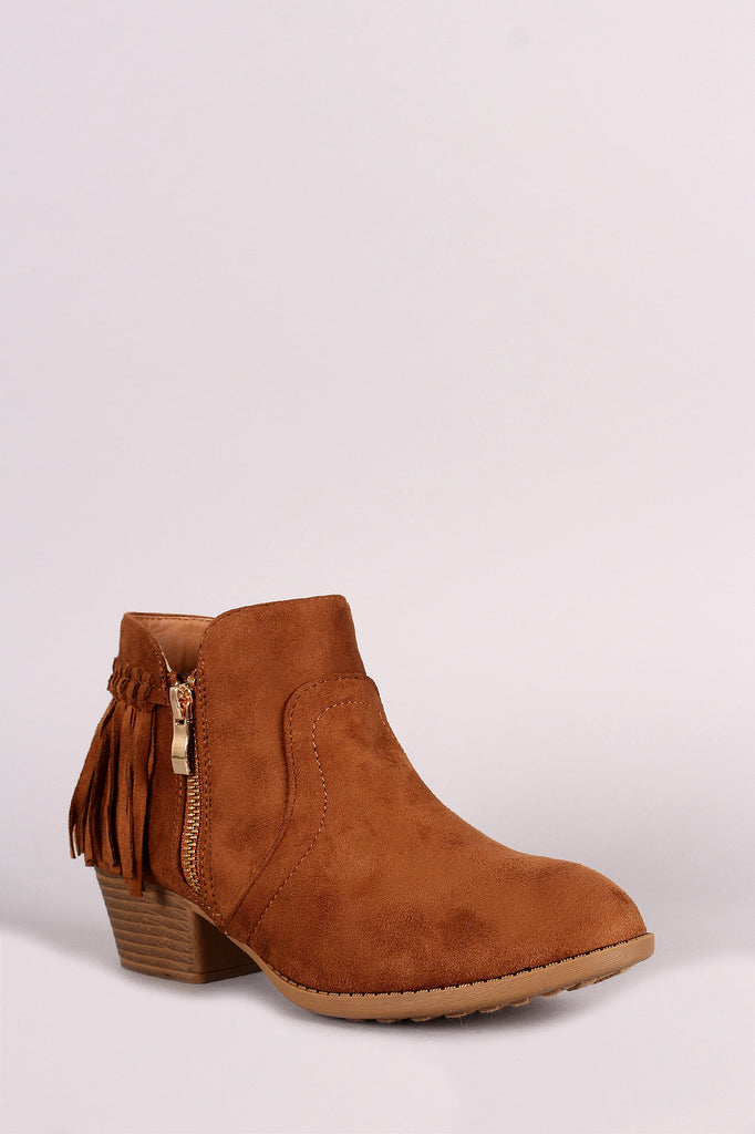 Suede Back Fringe Block Heel Booties