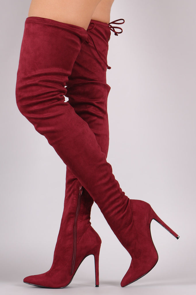 Pointy Toe Drawstring Tie Stiletto Suede Over-The-Knee Boots