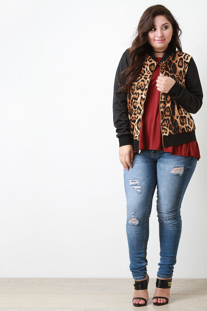 Knit Leopard Print Bomber Jacket