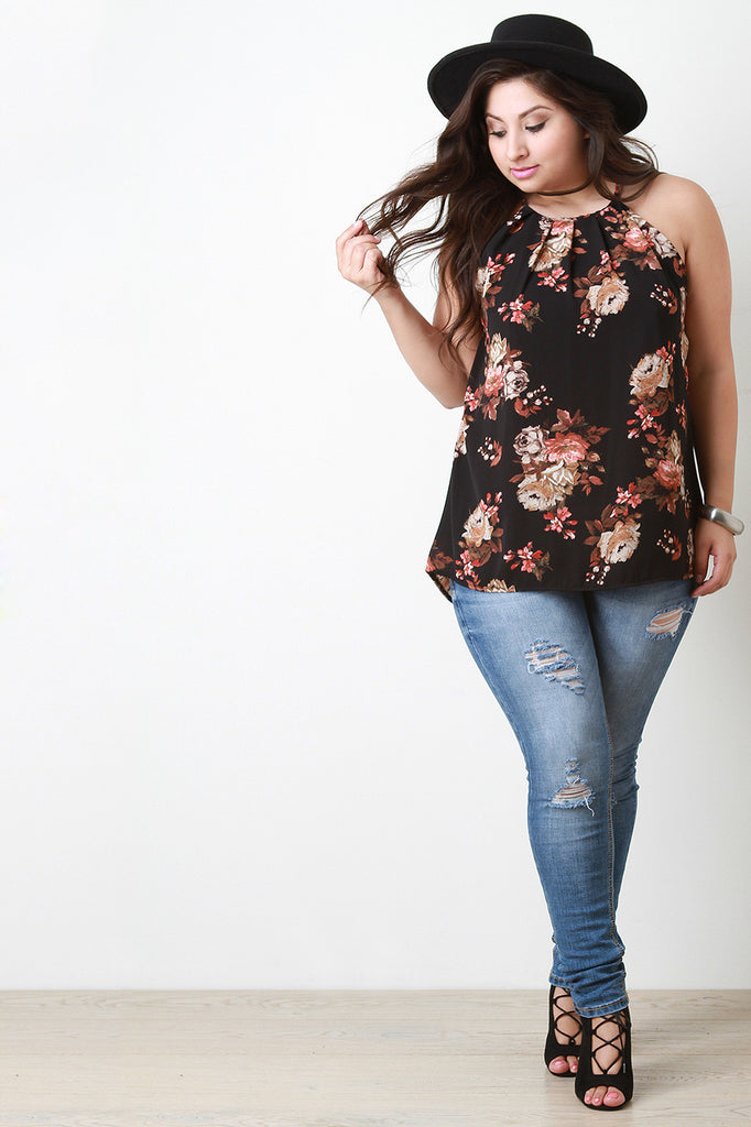 Floral Print Pleated Neckline Chiffon Top