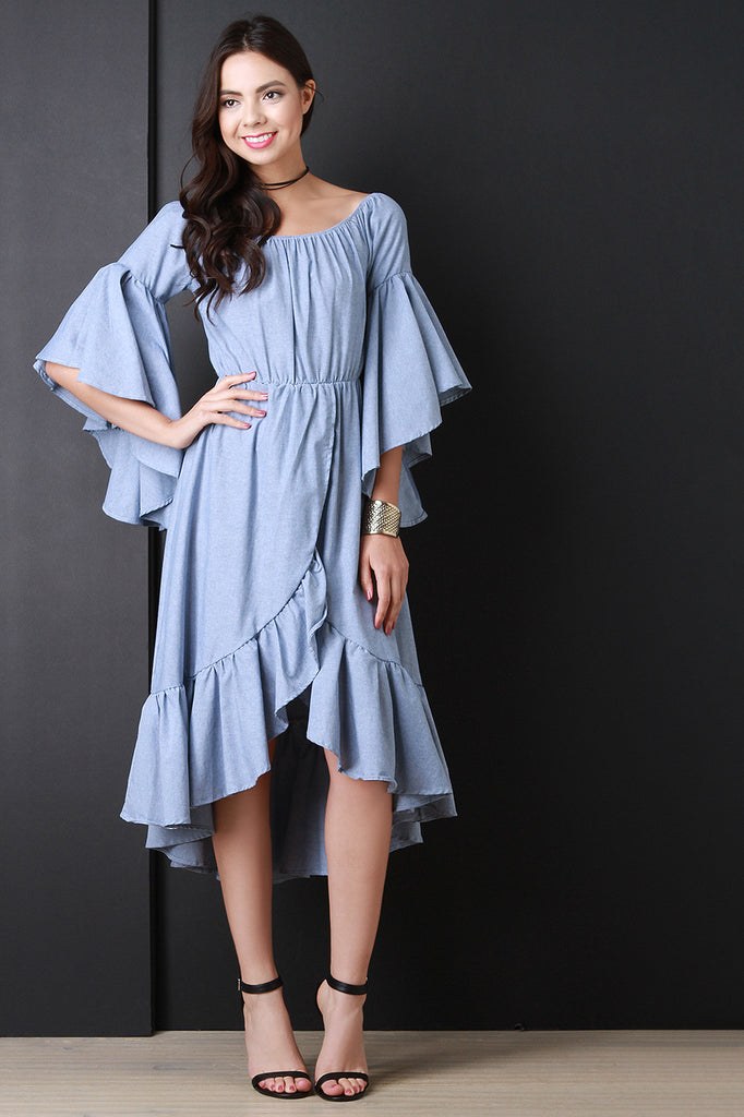 Chambray Boat Neck Ruffle Bell Sleeves Dress