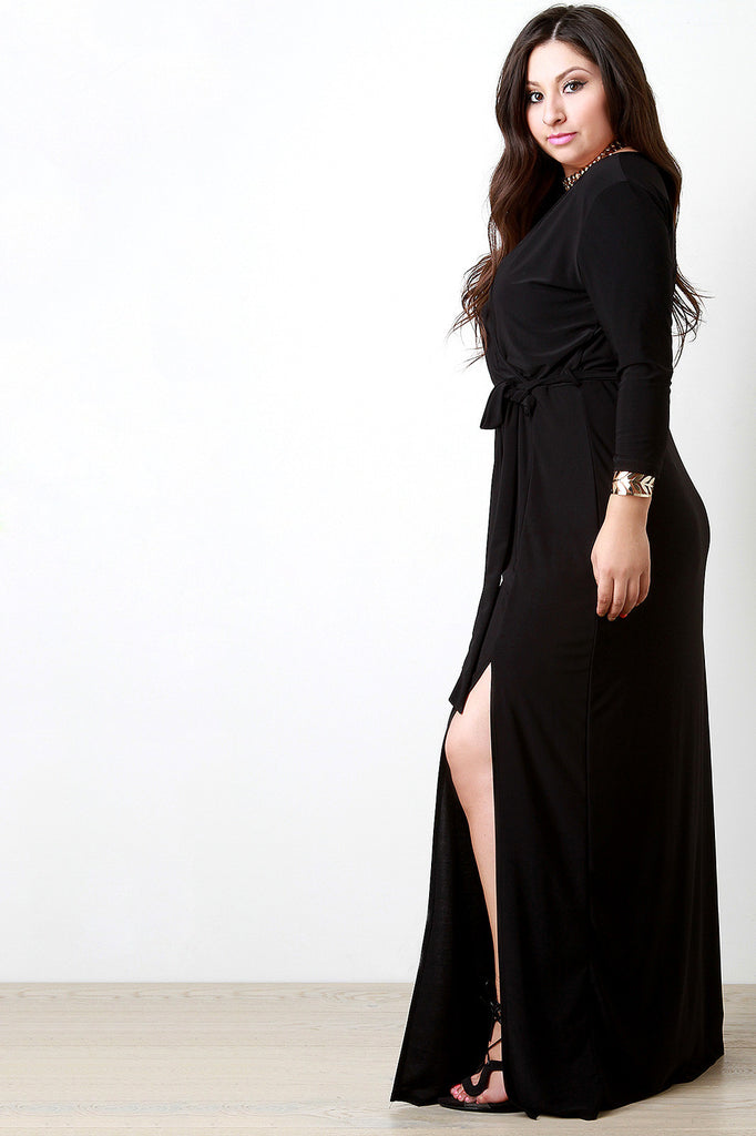 Surplice Wrap Quarter Sleeves Slit Dress