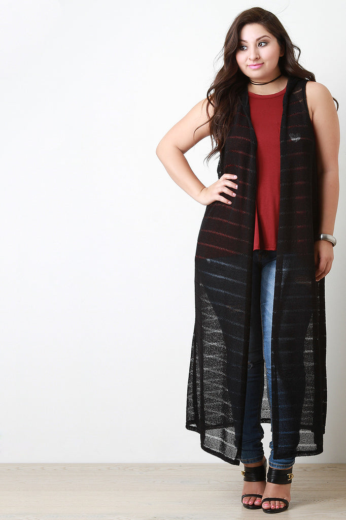 Striped Knit Sleeveless Hooded Maxi Cardigan