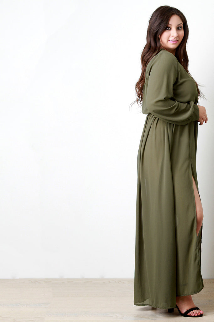 Sheer Chiffon Surplice Wrap Slit Maxi Dress