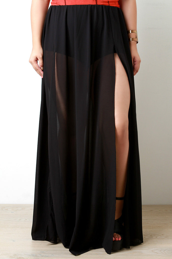 Double Slit High Waisted Chiffon Maxi Skirt