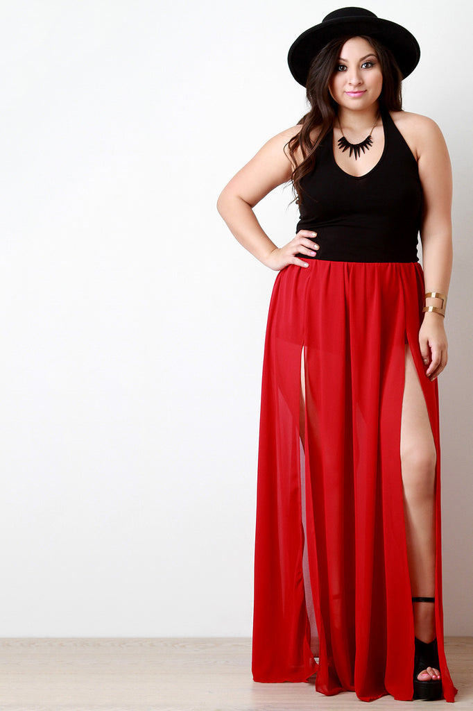 Double Slit High Waisted Chiffon Maxi Skirt