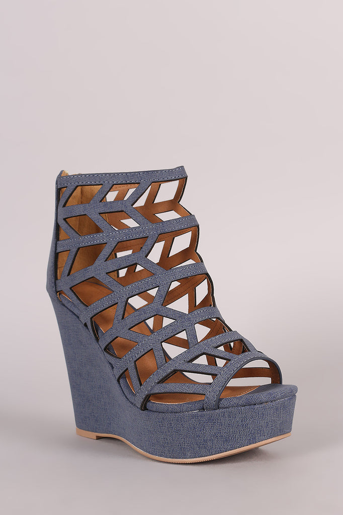 Qupid Denim Geometric Cage Platform Wedge