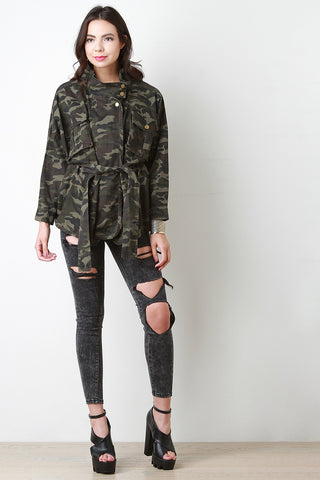 Camouflage Snap Button Belted Jacket