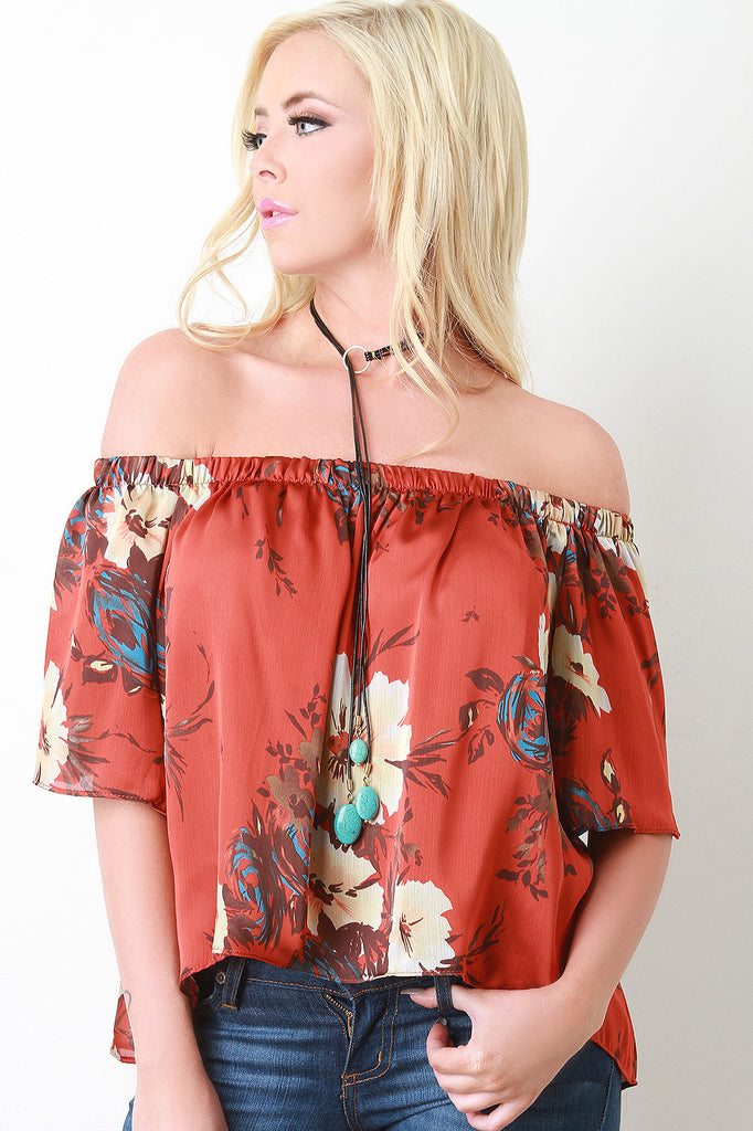 Off The Shoulder Floral Print Chiffon Top