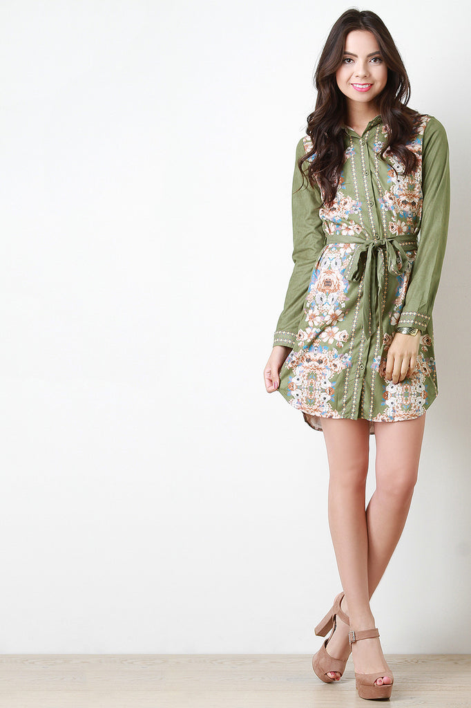 Vegan Suede Floral Button Up Dress