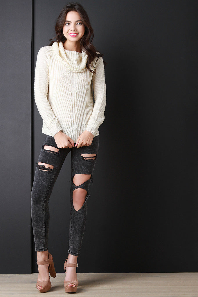 Cowl Neck Back Vent Knitted Sweater