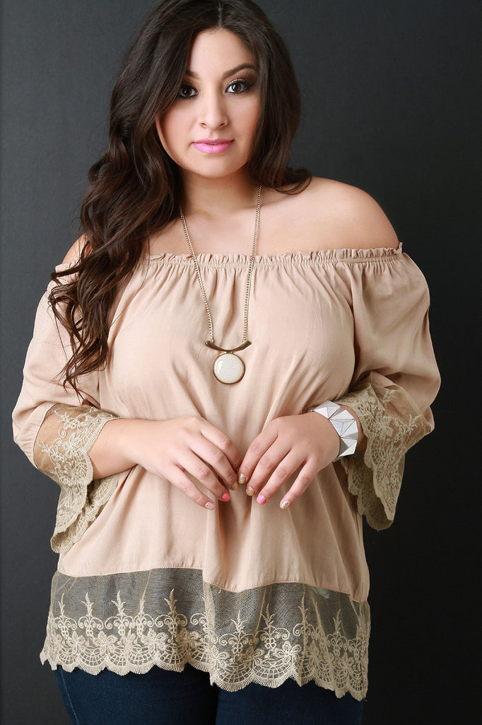 Off-The-Shoulder Scalloped Lace Hem Blouse Top