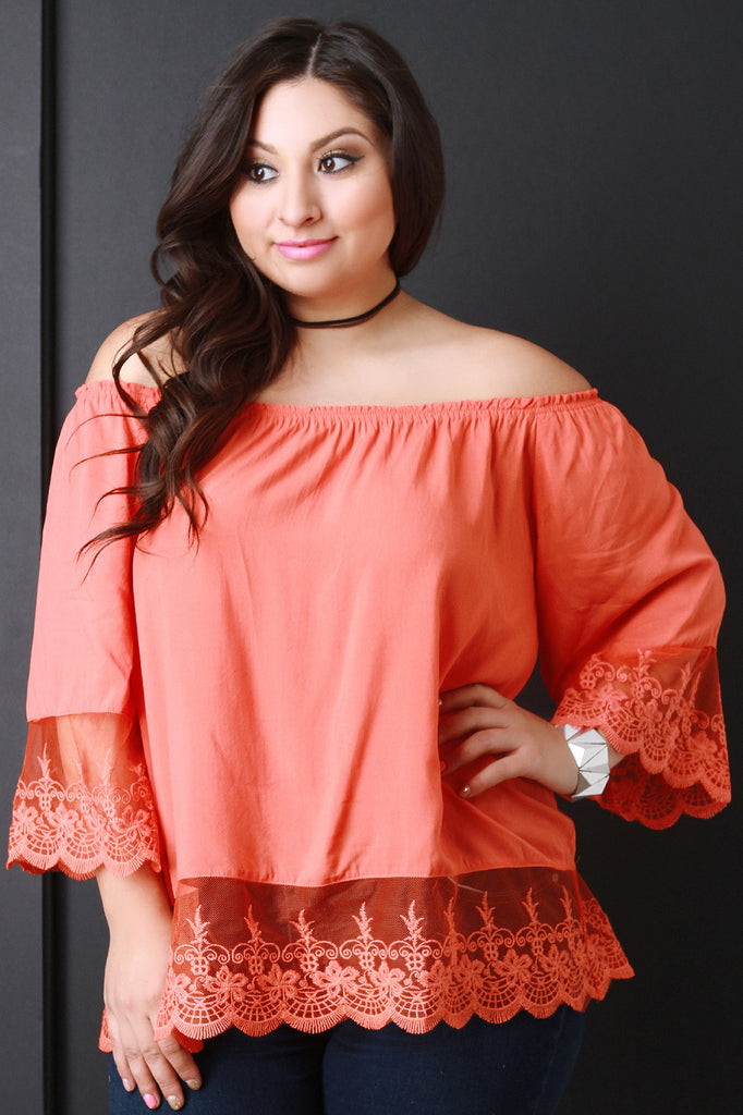 Off-The-Shoulder Scalloped Lace Hem Blouse Top