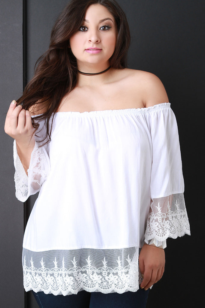 Off-The-Shoulder Scalloped Lace Hem Blouse Top