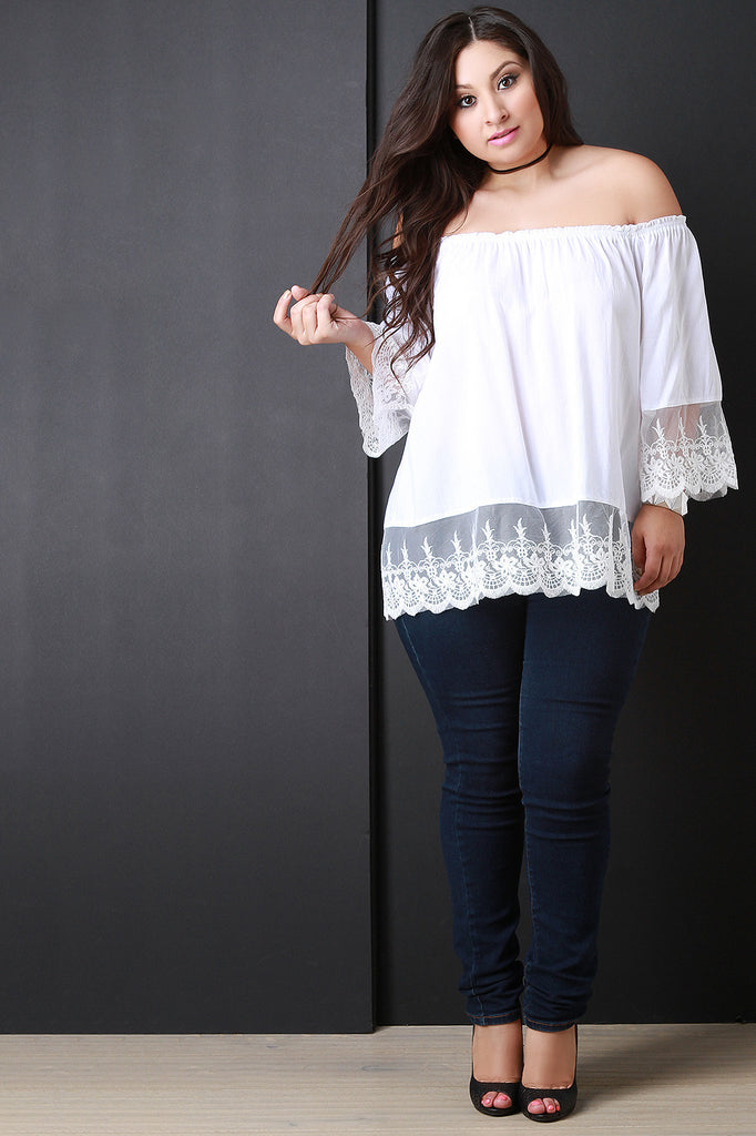 Off-The-Shoulder Scalloped Lace Hem Blouse Top