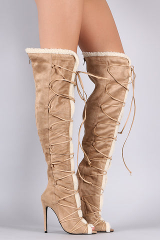 Privileged Shearling Trim Peep Toe Lace Up Stiletto Boots