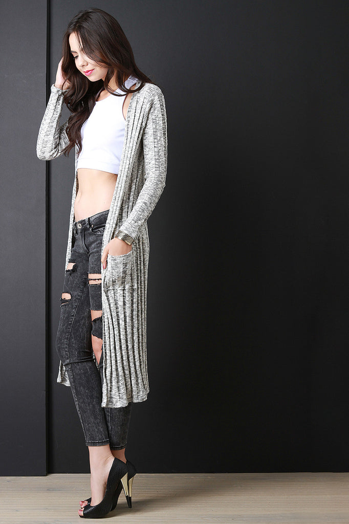 Melange Rib Knit Longline Cardigan