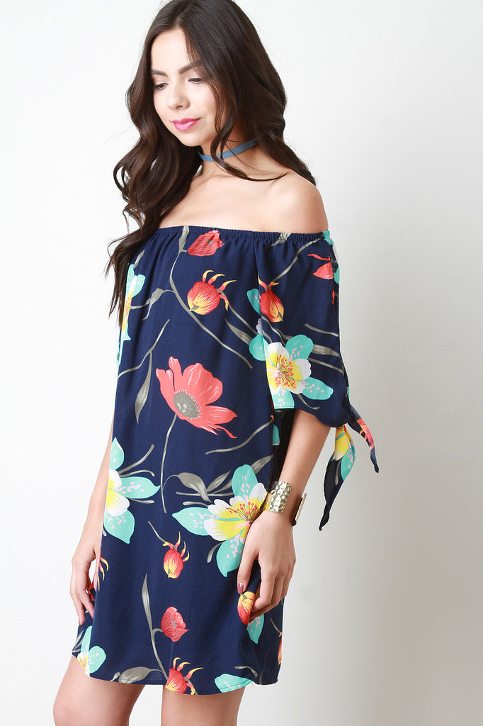 Floral Print Tie Sleeve Off-The-Shoulder Shift Dress