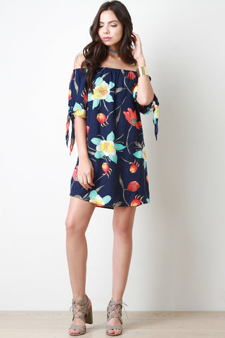 Floral Print Tie Sleeve Off-The-Shoulder Shift Dress