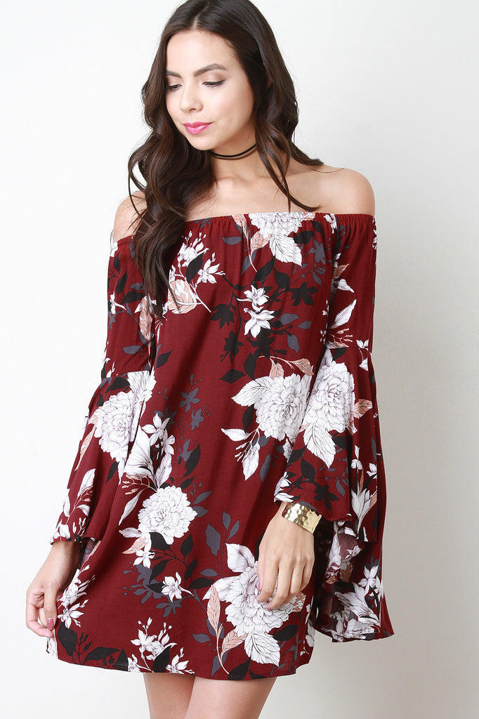 Floral Print Bell Sleeve Off-The-Shoulder Shift Dress