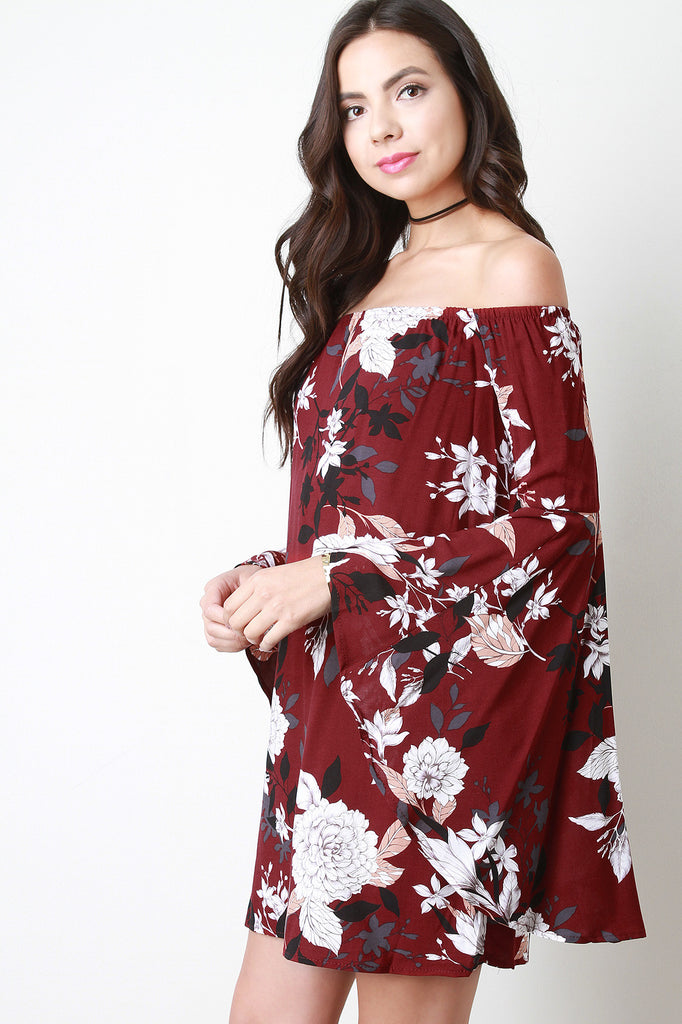 Floral Print Bell Sleeve Off-The-Shoulder Shift Dress