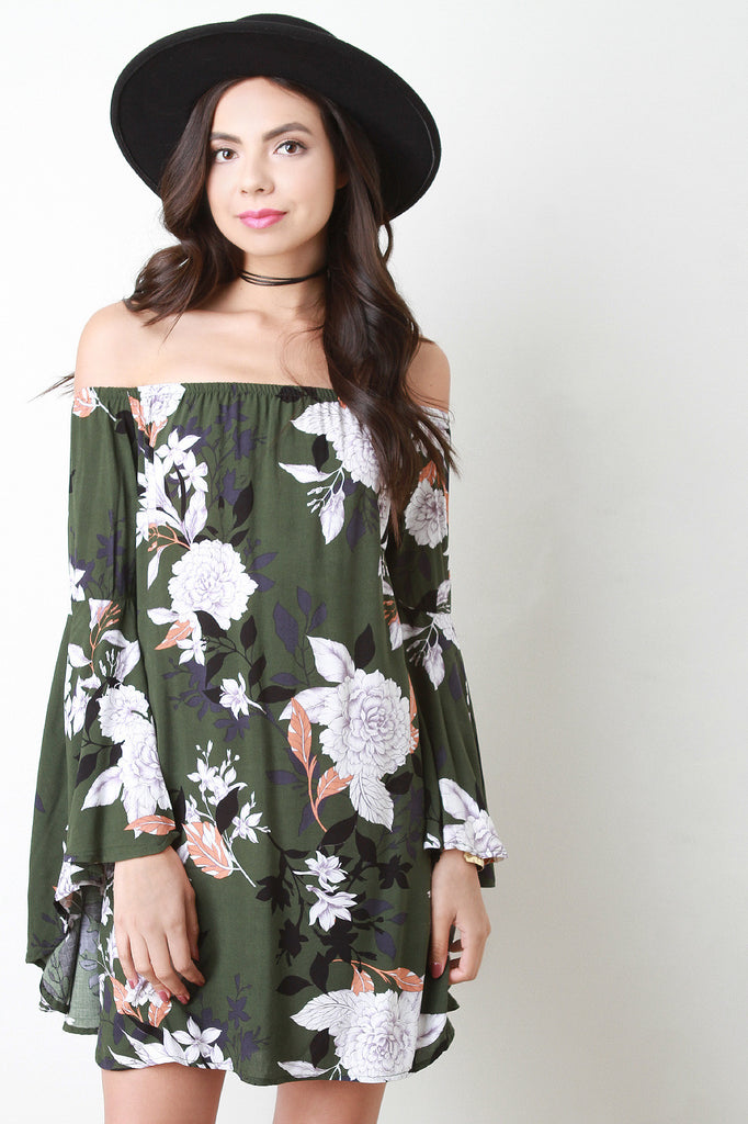 Floral Print Bell Sleeve Off-The-Shoulder Shift Dress