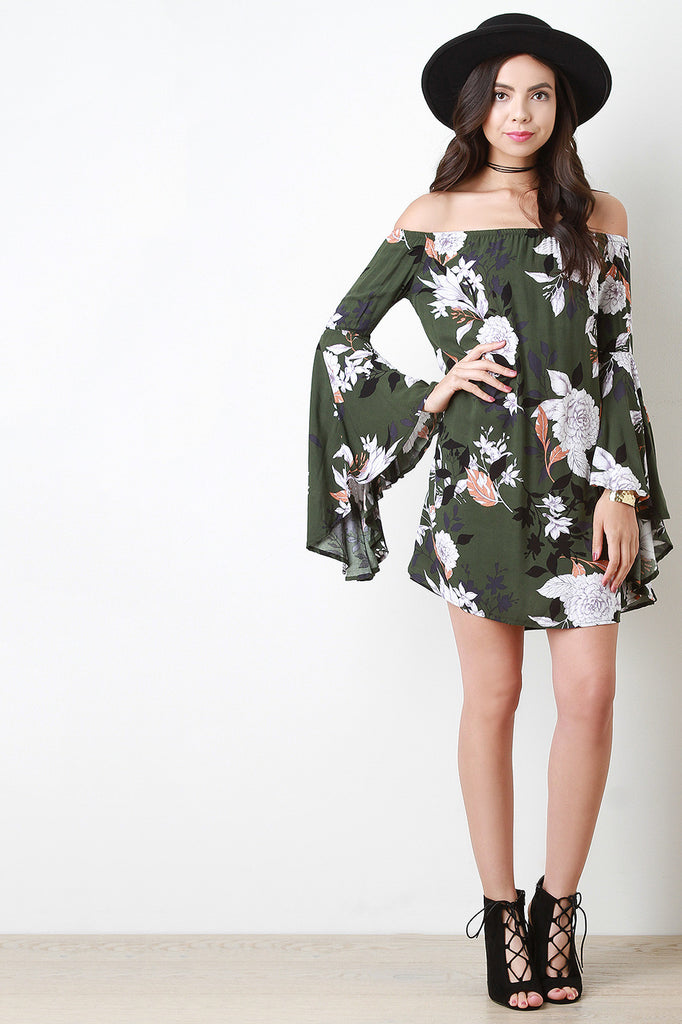 Floral Print Bell Sleeve Off-The-Shoulder Shift Dress