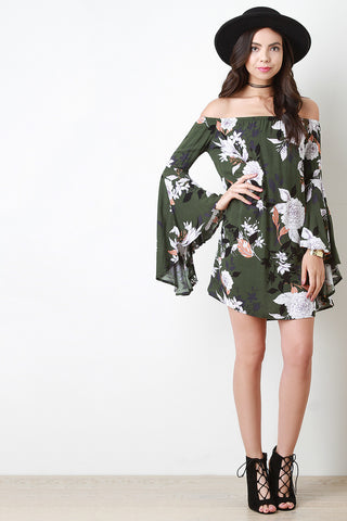 Floral Print Bell Sleeve Off-The-Shoulder Shift Dress