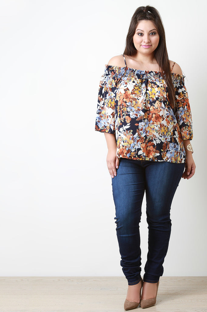 Cold Shoulder Smocked Floral Print Top