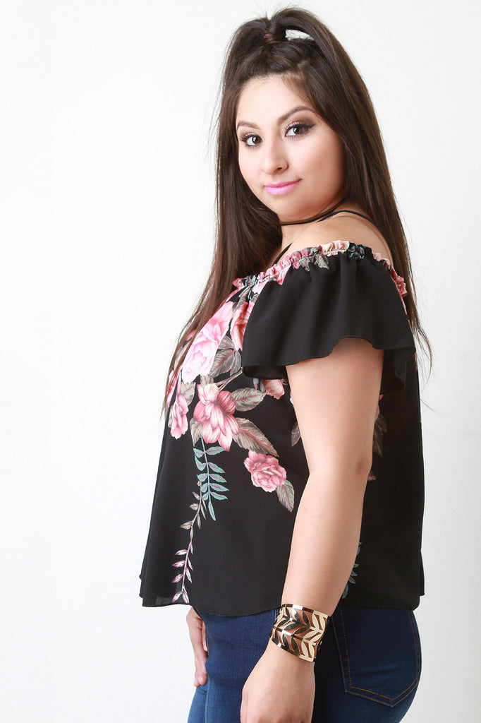 Floral Ruffle Cold Shoulder Shortsleeve Top