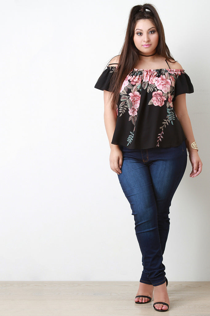 Floral Ruffle Cold Shoulder Shortsleeve Top