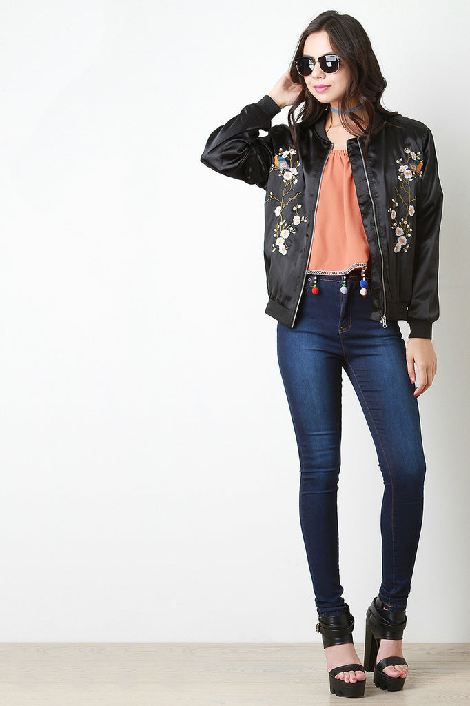 Floral Embroidered Charmeuse Bomber Jacket